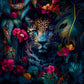 mythique grande jungle colorée. Juxtaposition, fleurs tropicales, léopards, style photo géographique national photoréaliste, 