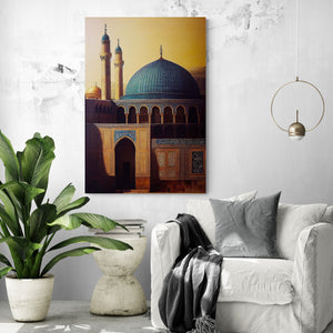 Large canvas of Al-Aqsa Mosque in a living room at sunrise. The turquoise dome shines, while minarets reach the sky. Warm brown and blue colors blend beautifully, adding spiritual Arabic inscriptions.