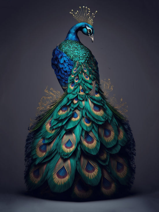 Une photo réaliste d'un majestueux paon au plumage bleu.  