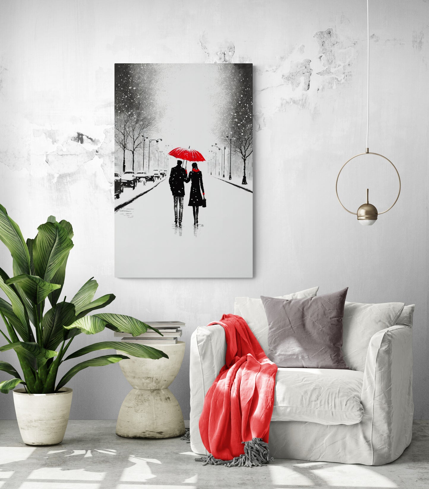 Tableau decoration avec parapluie rouge symbolisant l'amour et l'espoir dans un paysage enneigé pour salon