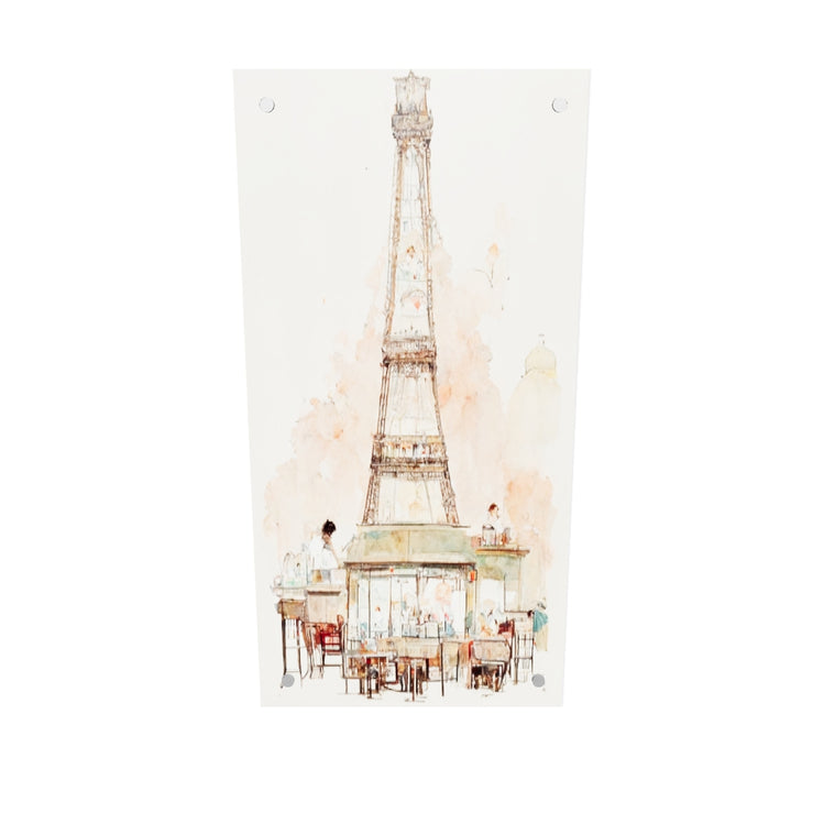 Tableau plexiglas d'une terrasse de café vivante au pied de la Tour-Eiffel de Paris. Les couleurs pastel et la technique de l'aquarelle ajoutent une touche de magie à l'atmosphère déjà romantique de la scène. Ce tableau offre une vision idyllique et édulcorée de Paris