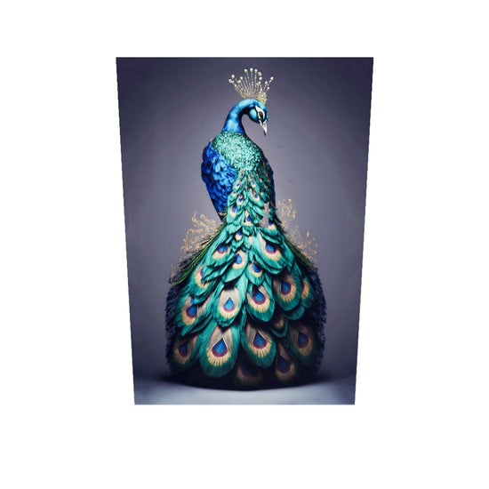 Un tableau plexiglass de paon et ça robe de plume bleue et vert