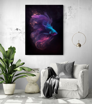 Colorful fighting fish, starry dance, soothing ambiance, modern decor for living room.