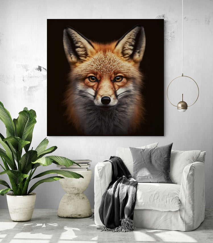 Tableau decoratif renard en portrait photographie sur fond noir, renard roux au pelage touffu, dans salon