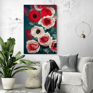 Large canvas on a frame in a living room, celebrating the beauty and emotion inspired by roses, timeless symbols of love. Red roses embody passion, while white roses represent purity and innocence. Delicately rendered in vibrant hues.