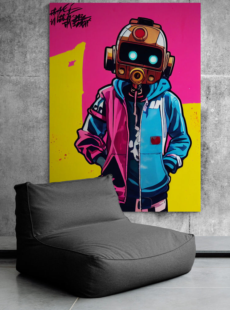 Un tableau street art XXl sur un fond rose et jaune un robot