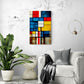Toile tableau sur le mur d'un salon,"Composition A" de Mondrian revisitée de manière à mettre en valeur sa profondeur et son intensité. Des éléments de style industriel ont été intégrés pour ajouter une touche contemporaine à l'œuvre pour une version actualisée, plus moderne. Le tableau est de taille moyenne
