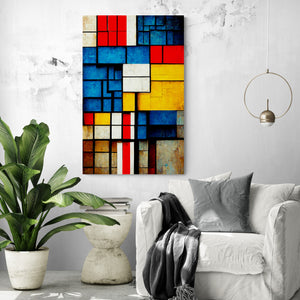 Large decorative design canvas in a living room, "Composition A" by Mondrian reimagined to highlight its depth and intensity. Industrial elements included for a more modern, contemporary touch