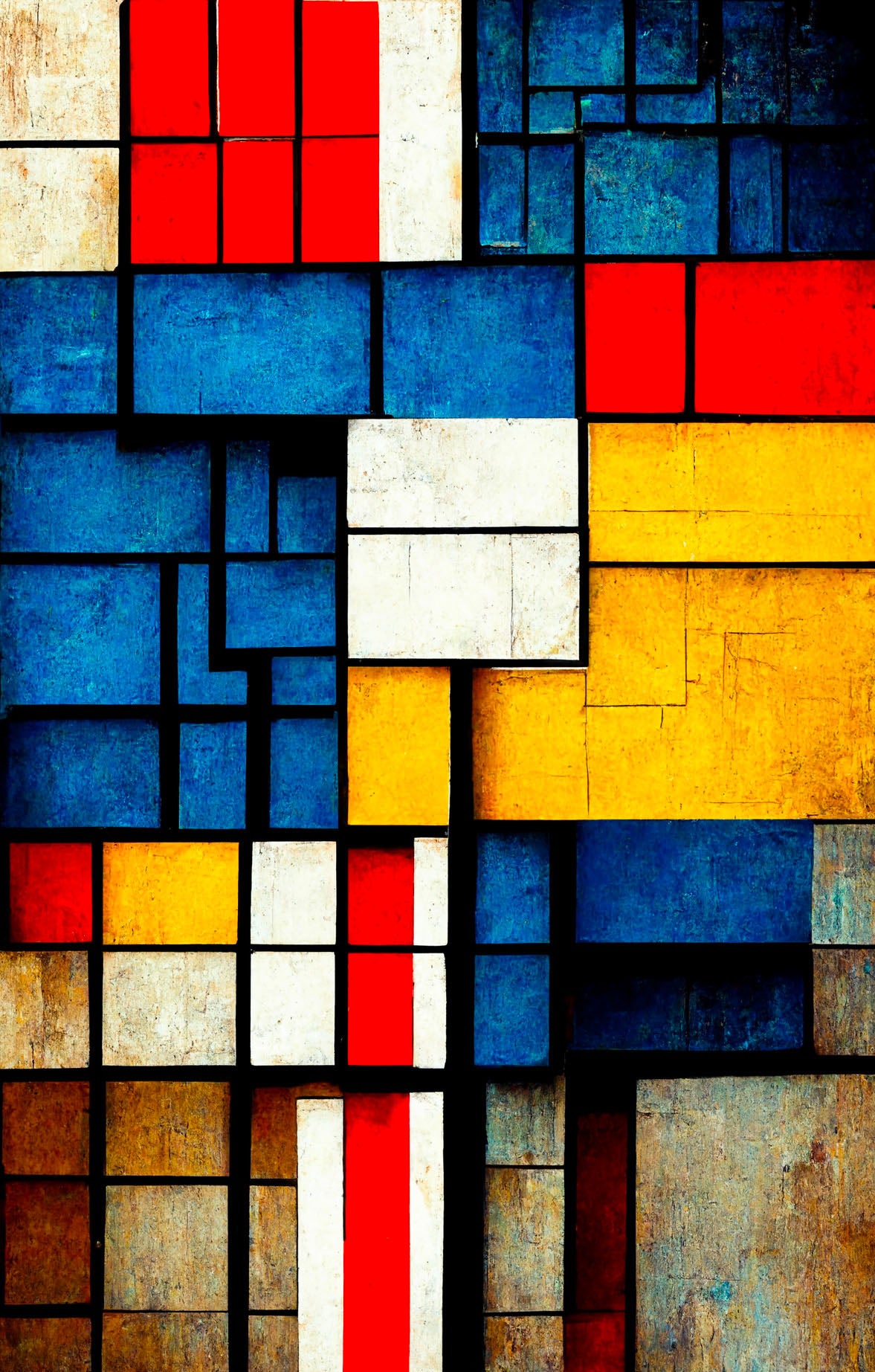 Tableau pour salon, La toile "Composition A" de Mondrian revisitée de manière à mettre en valeur sa profondeur et son intensité. Des éléments de style industriel ont été intégrés pour ajouter une touche contemporaine à l'œuvre pour une version actualisée, plus moderne