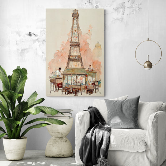 Grand tableau de déco sur le mur d'un salon d'une terrasse de café vivante au pied de la Tour Eiffel de Paris. Les couleurs pastel et la technique de l'aquarelle ajoutent une touche de magie à l'atmosphère déjà romantique de la scène. Ce tableau offre une vision idyllique et édulcorée de Paris