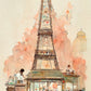 Tableau salon d'une terrasse de café vivante au pied de la Tour Eiffel de Paris. Les couleurs pastel et la technique de l'aquarelle ajoutent une touche de magie à l'atmosphère déjà romantique de la scène. Ce tableau offre une vision idyllique et édulcorée de Paris