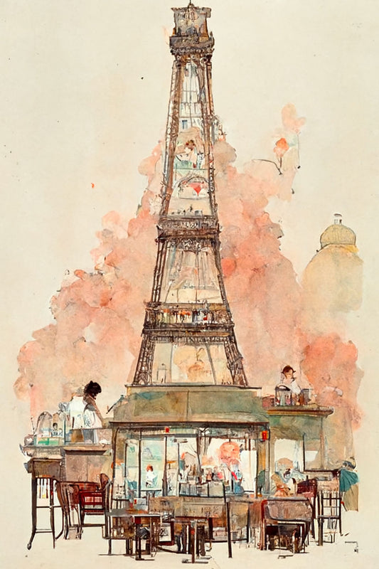 Tableau salon d'une terrasse de café vivante au pied de la Tour Eiffel de Paris. Les couleurs pastel et la technique de l'aquarelle ajoutent une touche de magie à l'atmosphère déjà romantique de la scène. Ce tableau offre une vision idyllique et édulcorée de Paris