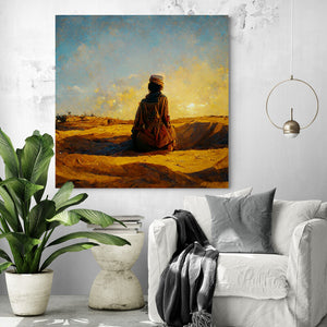 Large Touareg painting in the desert, in a living room, featuring a kneeling Touareg admiring the sunset while dressed in a takakat and wearing a tagelmust, set against a golden sky, in a prayer-like position giving thanks.