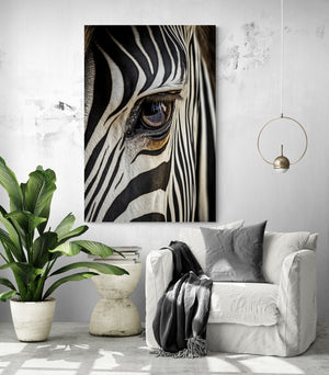 Decorative zebra wall art, high-quality photograph, close-up of striped fur in living room