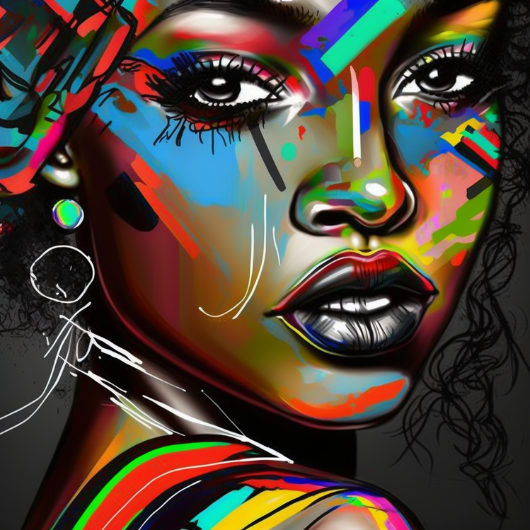tableau street art femme noire, graffiti avec des couleurs primaires