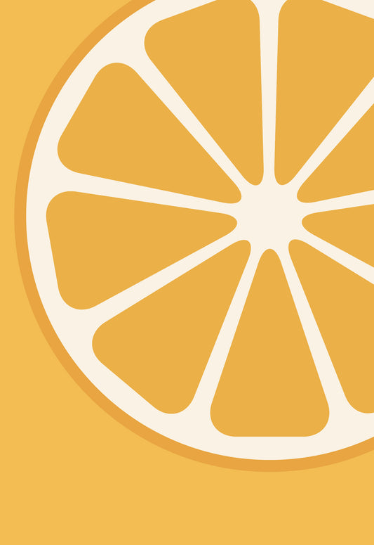Sur un fond orange vive, une illustration de dessin à plat d'une tranche bien ronde d'une orange. On peut apercevoir les quartiers et le mésocarpe blanc.