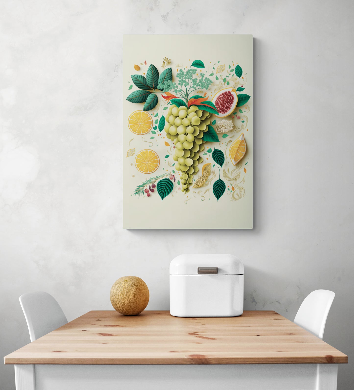 Un tableau cuisine déco est accroche au milieu d'un mur de blanc. Sur ce tableau une grappe de raisin vert entouré de feuille verte et de tranche de citron. Ce tableau apporte de la fraîcheur et la palette de couleur et douce. Au dessous une table de repas en pin et deux chaises blanches face à face