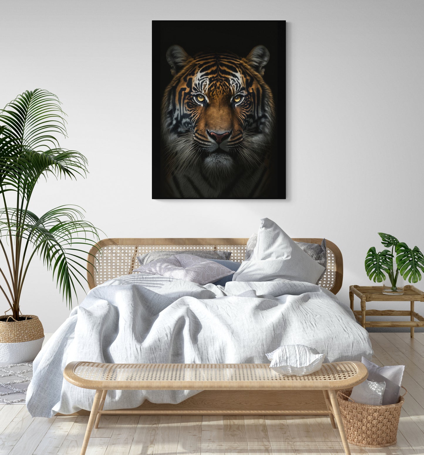 tableau décoration murale chambre, Visage de tigre, légèrement éclairé, fond noir, photographie, 8k