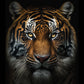 tableau Visage de tigre, légèrement éclairé, fond noir, photographie, 8k