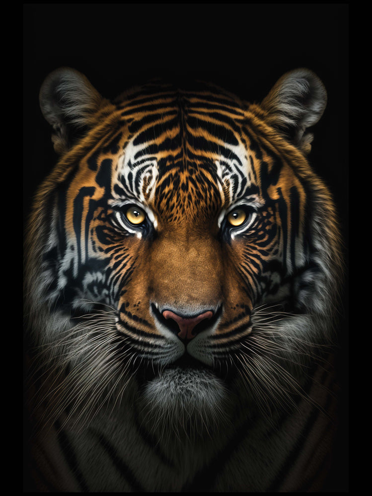 tableau Visage de tigre, légèrement éclairé, fond noir, photographie, 8k