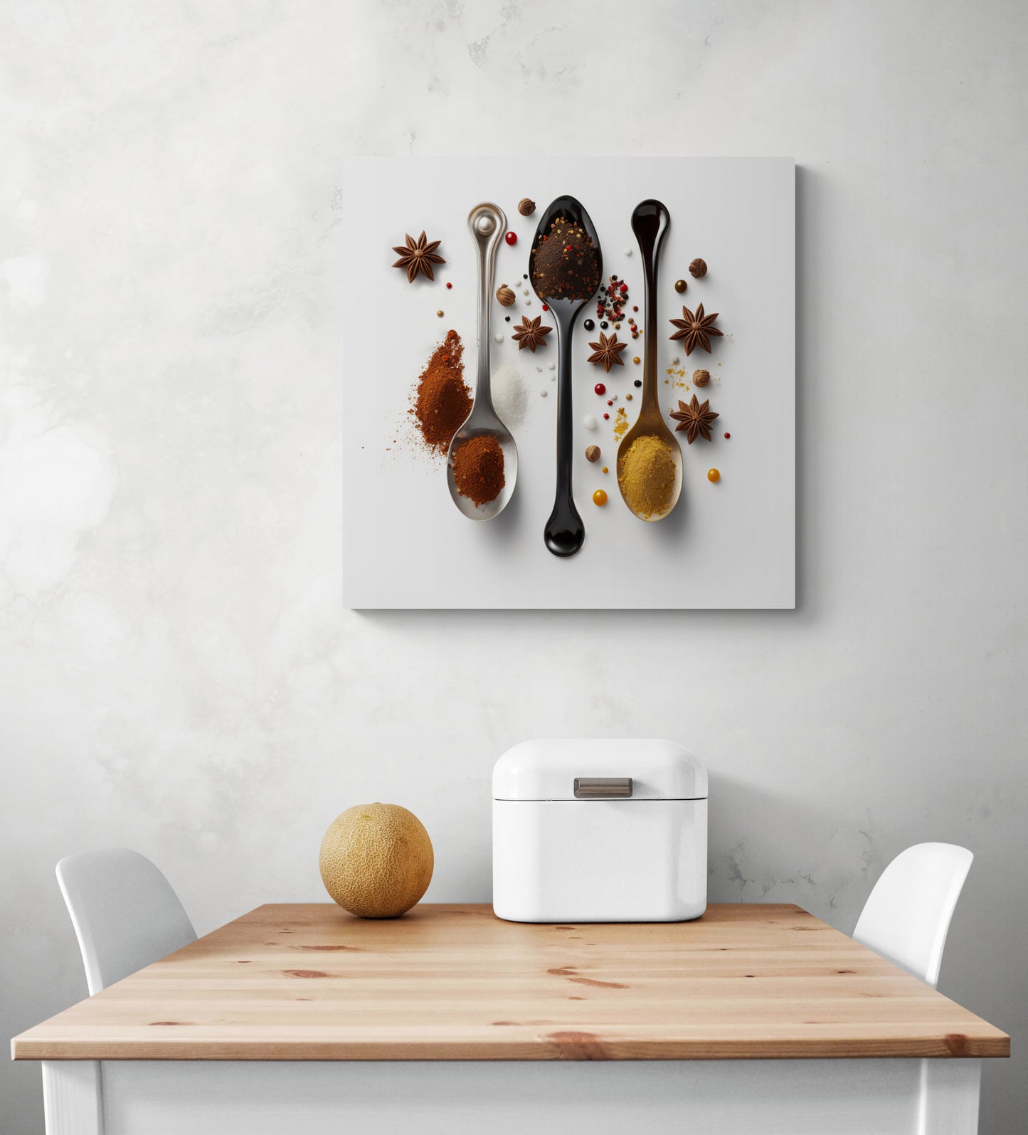 Sur un mur blanc de cuisine, une photo de trois cuillères est suspendue. Ces cuillères sont parsemées d'épices orientales et des étoiles d'anis les entourent. En dessous de cette photo se trouve une table blanche et deux chaises, sur laquelle sont posés une corbeille à pain et un melon.