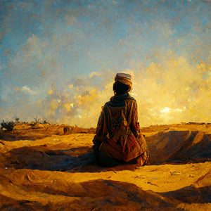 Touareg desert painting, depicting a kneeling Touareg admiring the sunset, dressed in a takakat and wearing a tagelmust, set against a golden horizon.