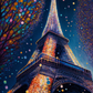 Tableau au pied de la Tour Eiffel en couleur et en pointillisme