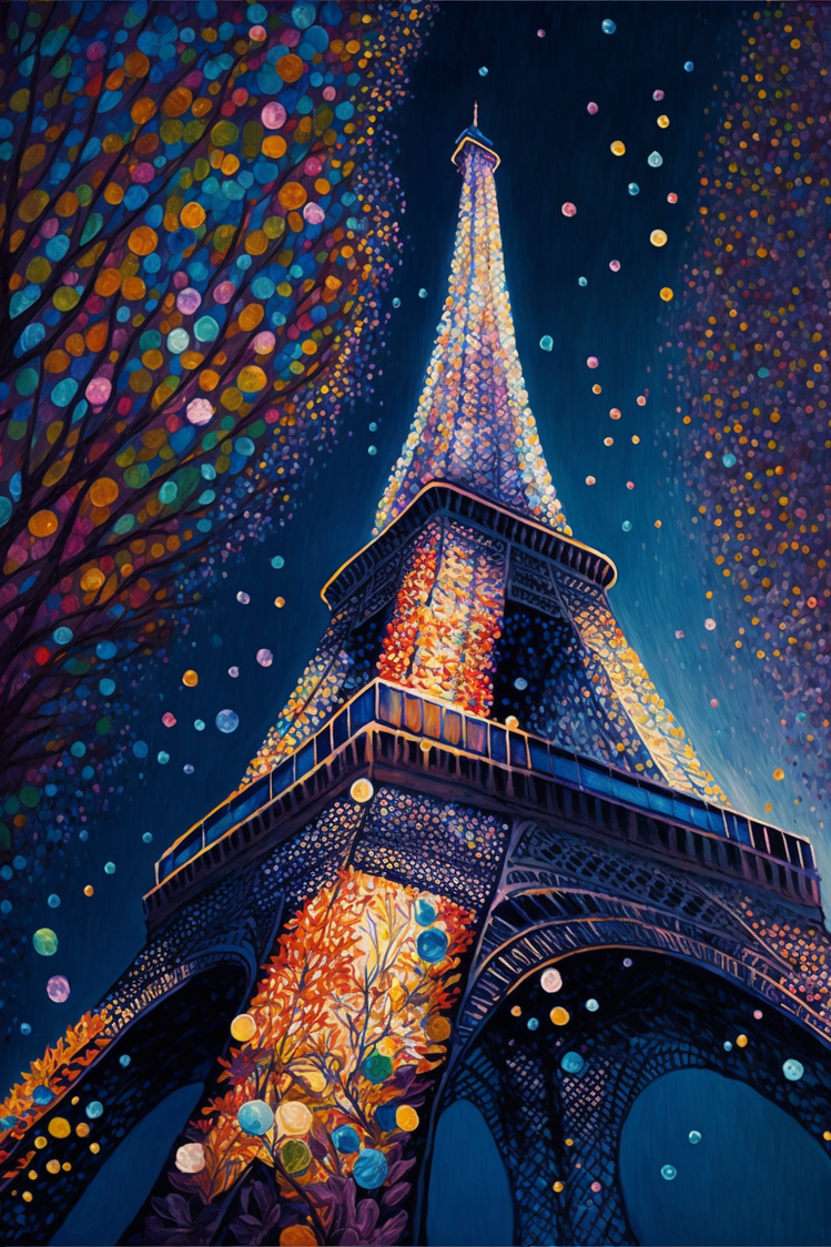 Tableau au pied de la Tour Eiffel en couleur et en pointillisme