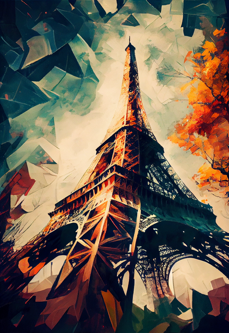 Tableau tour Eiffel vu du bas, peinture, ciel tricolore bleu blanc rouge