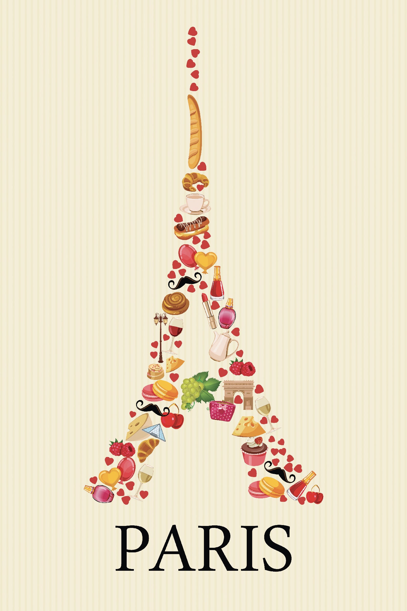 Sur un fond jaune pastel, ce tableau de cuisine est un véritable hommage à la gastronomie française. On y retrouve des dizaines d'illustrations de patisseries, de viennoiseries et de monuments de Paris qui s'assemblent pour former une Tour Eiffel. Cette œuvre colorée et délicate 