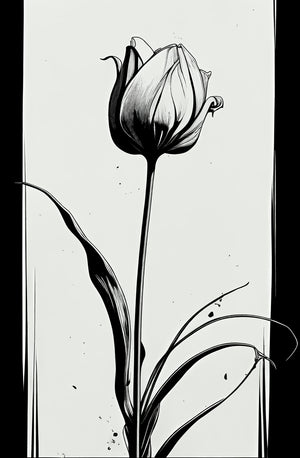 An elegant tulip drawn with black ink stands against a light background. The fluid lines and minimalist style convey a sense of delicacy and poetry. The illustration captures the natural movement of the flower with curved leaves and a few ink splashes that add an artistic touch.