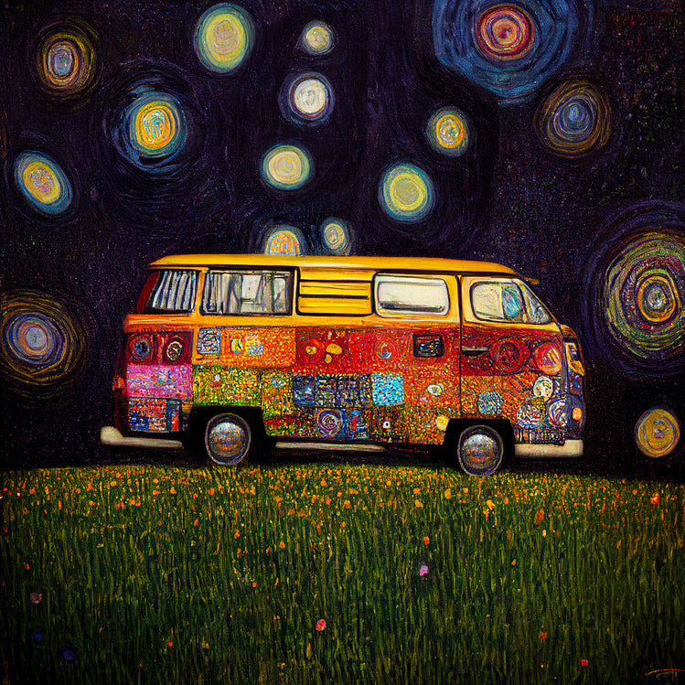 Tableau d'un van hippie multicolore posée au milieu d'un champ d'herbe. Une belle peinture aux couleurs chatoyantes et à l'âme joyeuse.