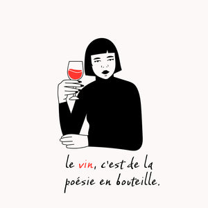 une affiche pour décorer les murs d'une cuisine avec une illustration d'une femme qui tient un verre de vin et une citation.