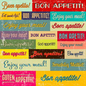 Ce tableau mural apporte une touche rétro et chaleureuse à la cuisine avec une composition colorée affichant "Bon appétit" et ses déclinaisons dans différentes langues. L'effet vieilli et texturé lui donne un charme authentique, idéal pour une ambiance bistrot ou café rétro.