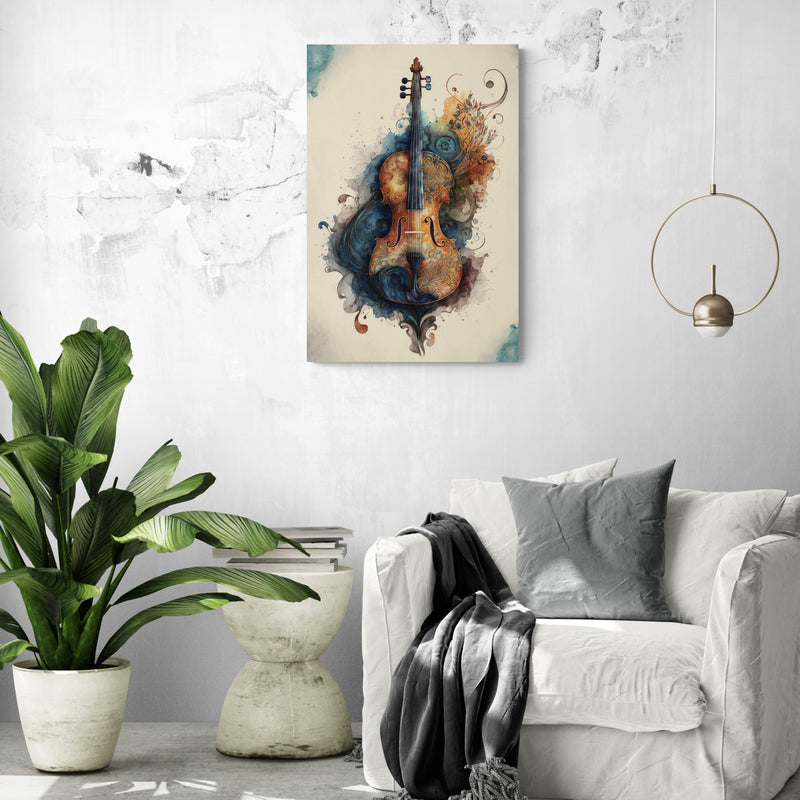un tableau violon est accroché sur le mur blanc d'un  au  salon épures.