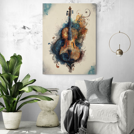 un tableau violon est accroché au centre d'un salon épures au ton blanc et gris.