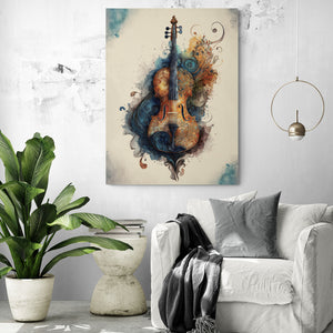 A violin artwork hangs in the center of a minimalist living room with white and gray tones.