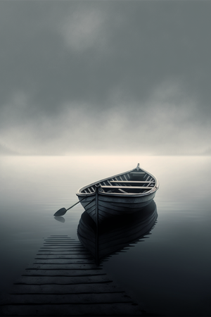 Zen minimalist decor art, photo of boat on water