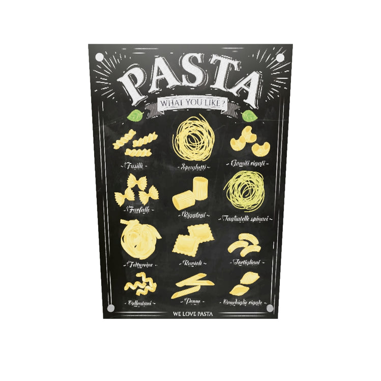 Un tableau cuisisne moderne avec différentes illustration de pâtes, fusilli, spaghetti, ravioli, penne …. en haut au centre de la toile cuisine , il y a un titre Pasta écrit avec un effet de craie.