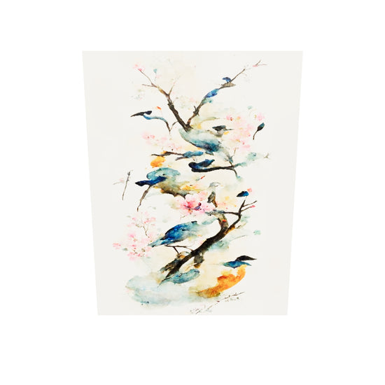 tableau oiseau sur branche sur un fond beige aux couleurs douces et pastels