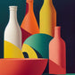 Un tableau coloré sur fond bleu foncé avec une illustration colorée en 2D de bouteilles décorative, blanc, orange et jaune. Il y a aussi un grand bol orange. 