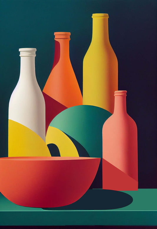 Un tableau coloré sur fond bleu foncé avec une illustration colorée en 2D de bouteilles décorative, blanc, orange et jaune. Il y a aussi un grand bol orange. 