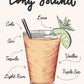 Une illustration coloré d’un verre de cocktail Long island avec la liste des ingrédients nécessaires à sa réalisation écrit en police d'écriture manuscrite sur un fond corail.