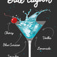 Un dessin d’un verre de cocktail Blue lagon avec les ingrédients nécessaires à sa réalisation sur un fond noire
