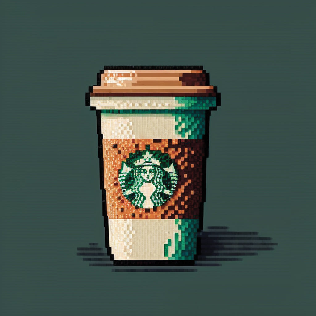 Une tasse de café Starbucks en pixel art, avec des couleurs marron et vert contrastantes pour une esthétique raffinée et confortable. Donne une ambiances cosi et de chaleur.