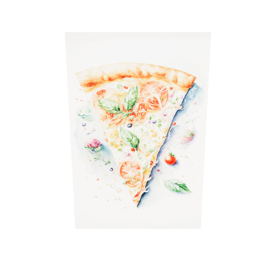 Tableau pizza, tableau plexiglas, peinture à l'aquarelle, on y voit une belle part de pizza avec tomate fraiche et mozzarelle fondante, inspiré de l'artiste Beatrix Potter