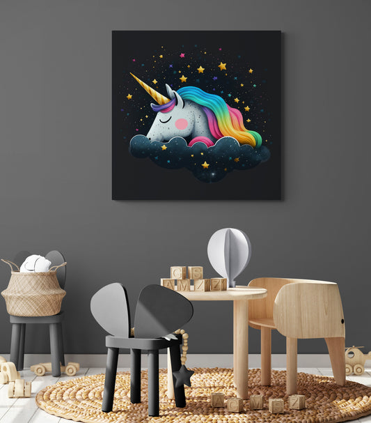 Tableau chambre enfant avec licorne endormie nuage étoiles arc-en-ciel