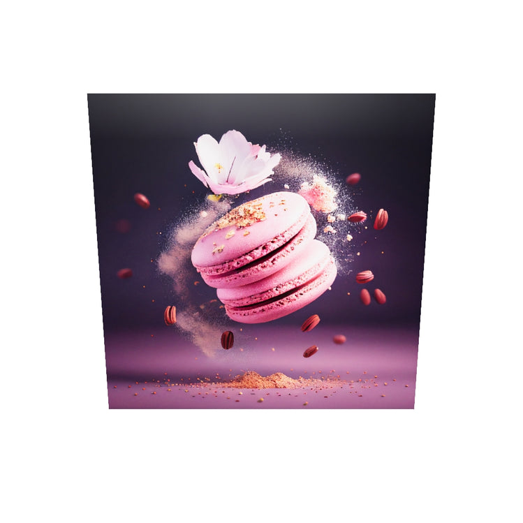 Un tableau plexiglas en 3D de macarons roses, flottant dans les airs, une explosion de sucre autour, des fleurs roses etdes paillettes. La scène est vivante et gourmande.
